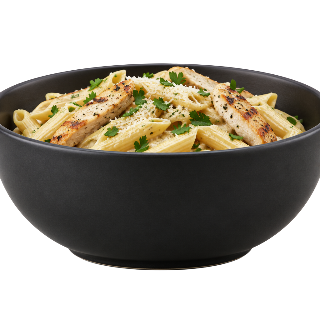 KI-Illustration von Penne mit Hähnchen in Sahnesoße